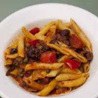 Penne Alla Puttanesca · Penne with fresh tomato, olives, anchovies, and capers.