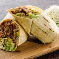 Mazatlan Fresh Burrito · Your choice of meat with guacamole, cilantro, onion and pepper jack cheese in a grilled flou...