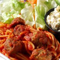 Spaghetti And Meatballs · Pasta with marinara sauce and meatballs with a side of macaroni salad and garden salad