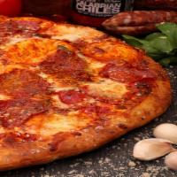 Honey Badger Pizza · Margherita with spicy soppressata salami, garlic, Calabrian chile, honey.