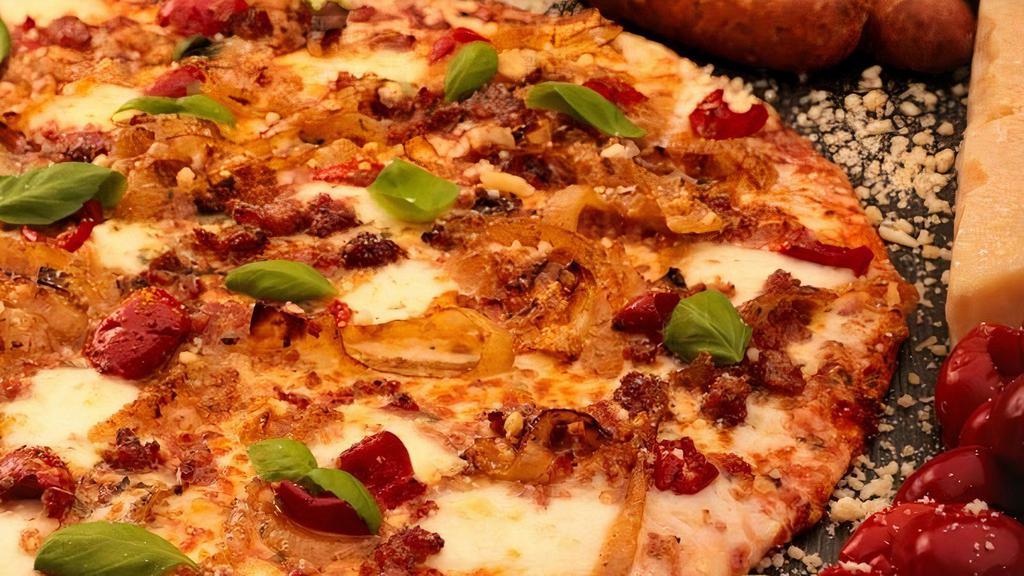 Sausage & Peppers Pizza · Margherita with peppadews, Italian sausage, caramelized onions.