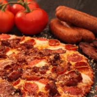 Carni Pizza · Margherita with Italian sausage, all-natural pepperoni, smoky bacon.