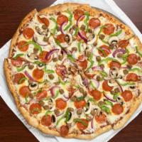 The Works Pizza · Pepperoni, sausage, onions, green bell pepper, and mushrooms.