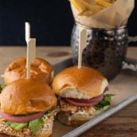 Salmon Sliders · three per order, everything bagel spice crusted salmon, creamy herb cheese, arugula, pickled...