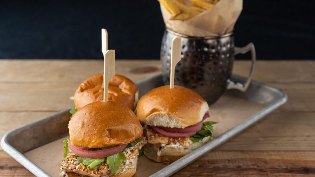 Salmon Sliders · three per order, everything bagel spice crusted salmon, creamy herb cheese, arugula, pickled red onions, toasted brioche buns, fries
