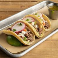 Impossible Tacos · three per order, white corn tortillas, avocado cream,       pico de gallo, cilantro, radishe...