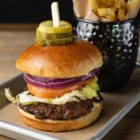 Hamburger · Louie’s custom burger blend, cooked medium-well,   lettuce, tomato, onion, garlic aioli