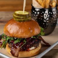 That'S My Jam Burger · Louie's custom burger blend, cooked medium well, applewood smoked bacon, creamy herb cheese,...