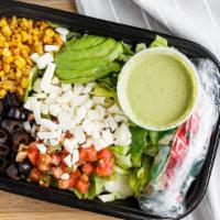 Mexican Salad · A mix of romaine and red leaf lettuce tossed with black olives, black beans, avocado, pico d...