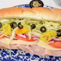 Mortadella Sub · Mortadella, provolone cheese, black olives, sweet roasted peppers, banana peppers, lettuce, ...