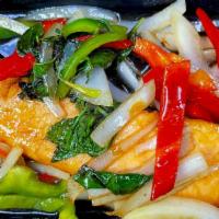 Spicy Salmon · Spicy.  Grilled salmon stir fried with chili, garlic, onion, bell peppers and basil leaves.