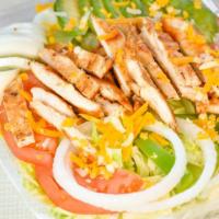 Grilled Chicken Salad · Chargrilled chicken breast, lettuce, tomatoes, onions, bell peppers, hard boiled egg topped ...