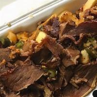 Hangover Fries · Fries topped with pastrami, cheese & jalapeno