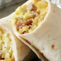 Breakfast Burritos · Scrambled eggs, hash-brown, cheese with choice of meat.  (Chorizo Burrito - no hash-brown)