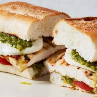 Grilled Chicken Pesto Sandwich · Grilled chicken breast, lettuce, tomato, Provolone and pesto on grilled French roll
