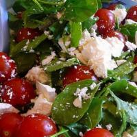 Spinach Salad · Spinach leaves, roasted walnuts, tomato, bacon, feta with balsamic (Add Chicken $1.00)