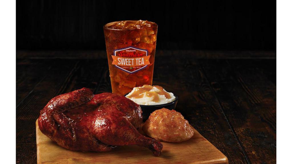 Original Smokehouse Chicken Combo · The Smokehouse that started it all! A juicy, half-chicken marinated in our savory, smoky seasoning, cooked crisp and tender without batter or breading. Served with regular side of your choice, our scratch-made Honey-Butter Biscuit™ and a large drink.