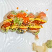 Kings · Deep fried shrimp, crab, avocado, salmon, eel, tobiko and green onion with chili and mustard.