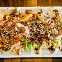 Okonomi Fries · French Fries with sweet brown sauce , mayo, green onion, red ginger, bonito flake, shredded ...
