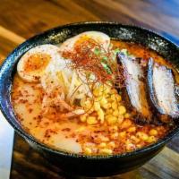 Kara-Miso Ramen · The original smooth and rich pork based soup with thick noodle. Flavored with Fukumi origina...