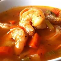 Shrimp Soup (Caldo De Camaron) · Shrimp soup, veggies and home made tortillas.