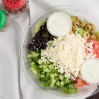 Bibi’S Greek Salad · Lettuce, tomatoes, cucumbers, olives, Feta cheese.