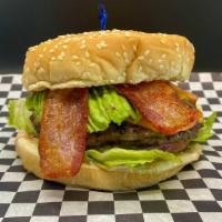 The Workz Burger · Two 1/4 lb patties, cheese, bacon, and avocado. All burgers include a sesame seed bun with 1...