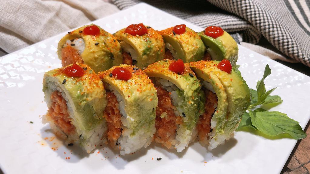 911 Roll · Spicy. Spicy tuna roll with avocado on top, and chill oil, red pepper, sriracha on top and eel sauce.