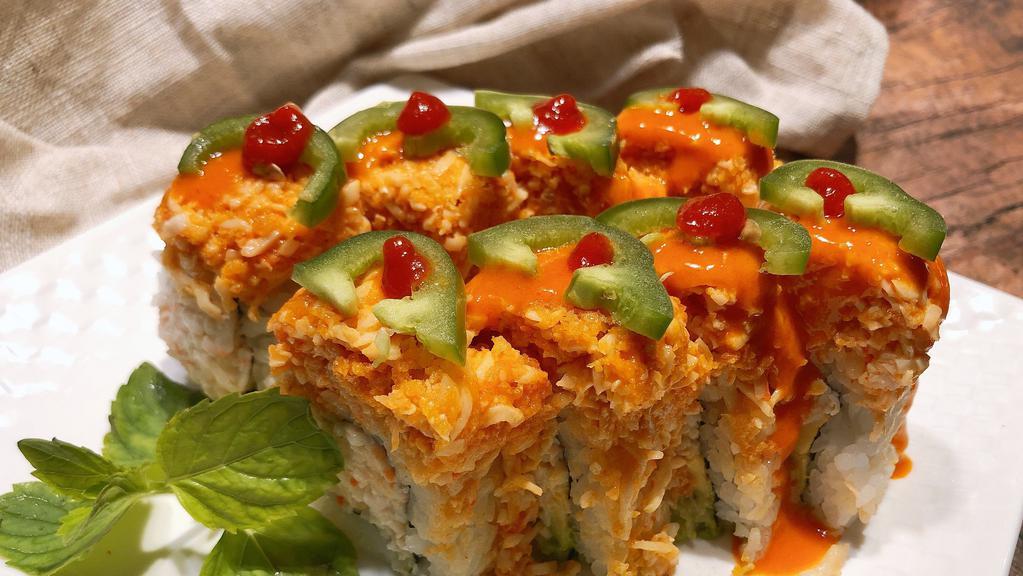 Mexican Roll · crabmeat, sriracha. avocado, jalapeno with spicy mayo sauce.