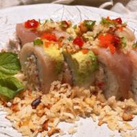 Fantasy Roll · Real crab, avocado, and albacore topped with fried garlic and rice, and special house sauce.