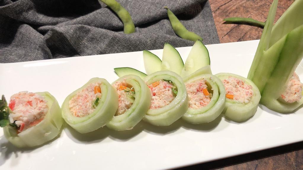 Cucumber Special Roll · Real crab, gobo, avocado Bean sprout wrapped with cucumber, and house sauce.