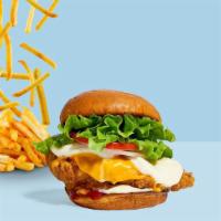 Monster Cheese Fried Chicken Sandwich · Crispy fried chicken, cheddar, mozzarella, lettuce, tomato, onion, mayo, and ketchup served ...