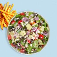The Greek Method · (Vegetarian) Lettuce, cucumbers, tomatoes, red onions, olives, and feta cheese tossed with b...