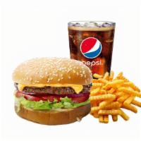 #1 Super Burger · Super sauce, pickles, lettuce, tomato, onion, and cheese. Combo includes Fries and Drink