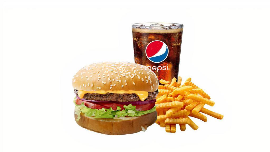 #1 Super Burger · Super sauce, pickles, lettuce, tomato, onion, and cheese. Combo includes Fries and Drink