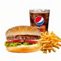 #3 Deluxe Burger · Super sauce, pickles, lettuce, tomato, and onion. Combo includes Fries and Drink