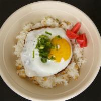 Chicken Longanisa · Sweet cured ground chicken, garlic rice, fried egg, red radish, and scallions.