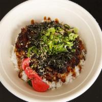 Shredded Pork Bowl · Braised pork, roasted sesame seed, scallions, seaweed, pickled red radish, and rice.