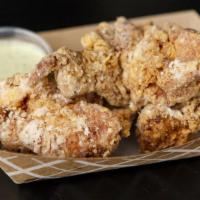 Karaage Fried Chicken (5) · Five pieces. Japanese style fried chicken. Served with one of dipping sauce.