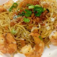 Garlic Noodles · Fresh Japanese ramen noodle, tossed with our special garlic sauce. Topped with scallions and...