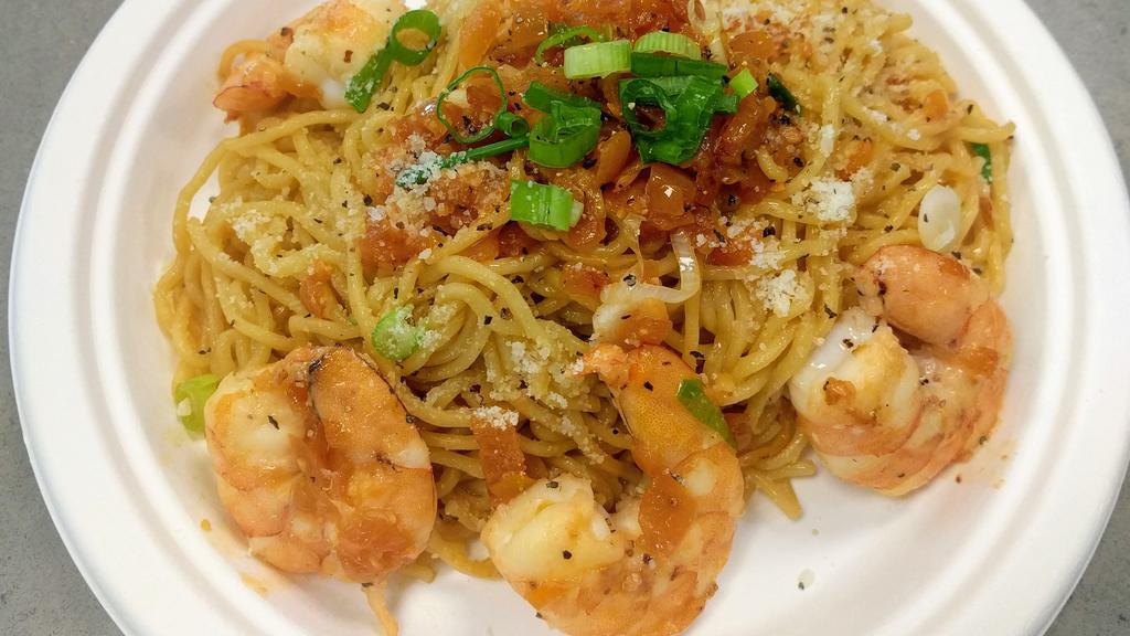 Garlic Noodles With Shrimp · Fresh Asian-style pasta, tossed with our special garlic sauce. Topped with grilled shrimp, scallions and Parmesan.