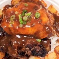 Braised Beef Loco Moco · Tender braised beef, lightly seared with a crust.  Served with egg, brown gravy, rice.