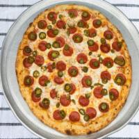 Pepperoni Jalapeno Pizza 14 Inch · Fresh hot pizza out of the oven with the jalapeños baked into the pizza bringing you mouth w...