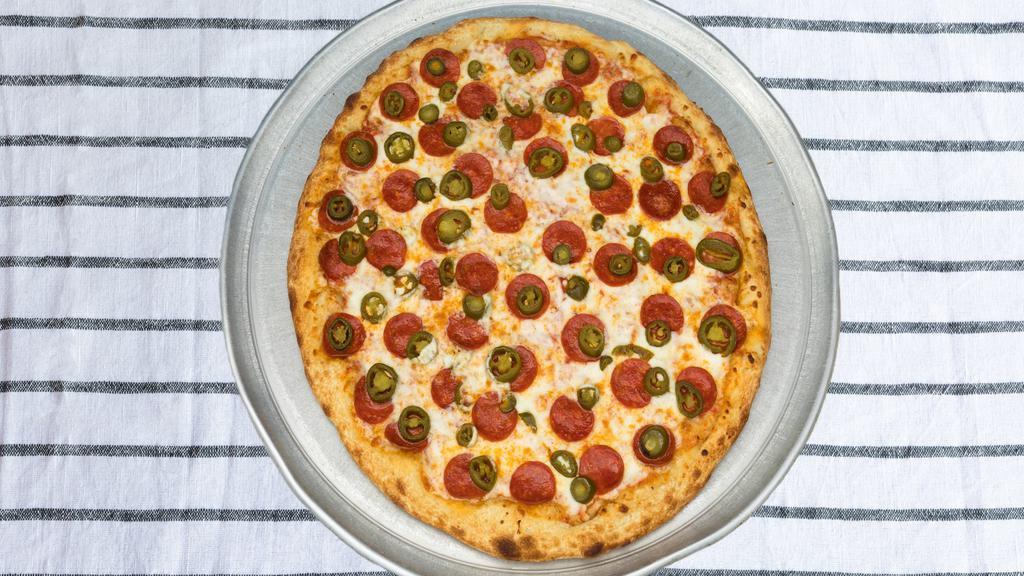 Pepperoni Jalapeno Pizza 14 Inch · Fresh hot pizza out of the oven with the jalapeños baked into the pizza bringing you mouth watering experiences every time.