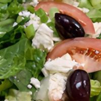 Athenian Salad · Romaine lettuce, fresh tomatoes, Kalamata olives, cucumbers, green onions, and feta cheese t...