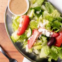 Greek Green Salad · Maroulo salata. Romaine lettuce, cucumbers, green onions, topped with our very own Greek dre...