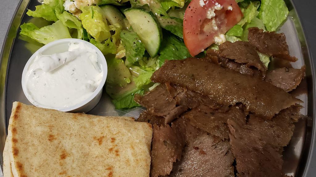 Gyro Plate · Chicago style gyro meat served with Athenian salad. tzatziki, and choice of side.