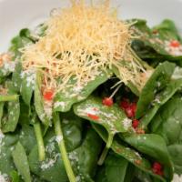 Baby Spinach Salad With Dry Miso · Baby spinach salad tossed with yuzu olive oil, parmesan cheese, red bell pepper, and crispy ...