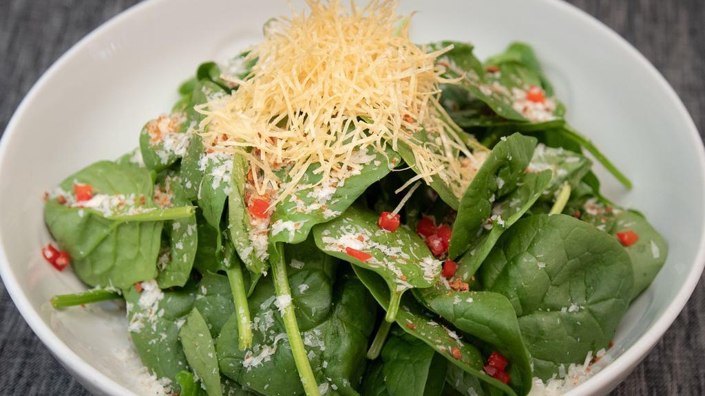 Baby Spinach Salad With Dry Miso · Baby spinach salad tossed with yuzu olive oil, parmesan cheese, red bell pepper, and crispy yuba (tofu skin).
