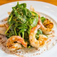 Baby Spinach Salad With Grilled Shrimp · Baby spinach salad served with grilled shrimp tossed with yuzu olive oil, parmesan cheesse, ...